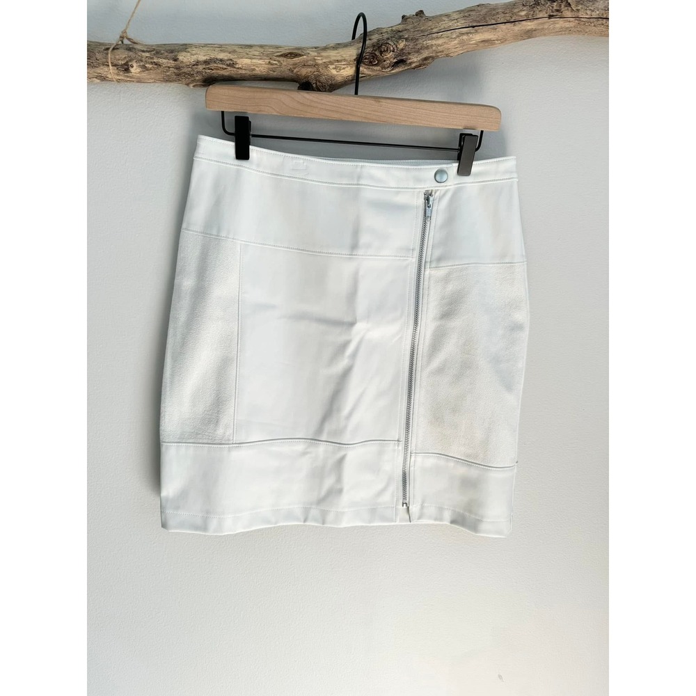 INC White Patchwork Faux Leather and Suede Mini Skirt with Exposed Side Zip